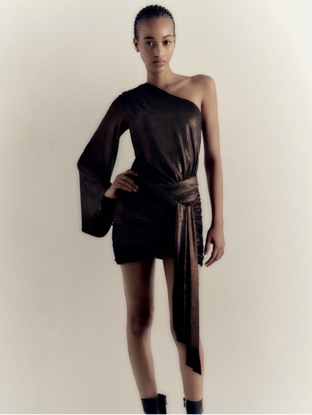 Zara Black One-Shoulder Ruched Dress with Draped Sash
